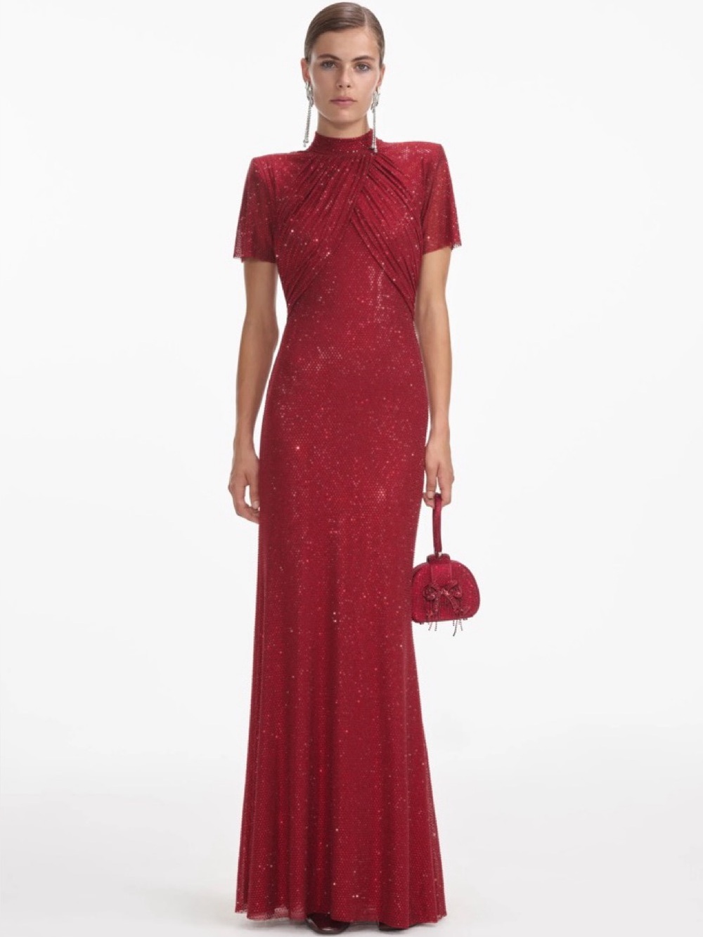 Self-Portrait Red Rhinestone High-Neck Maxi Dress